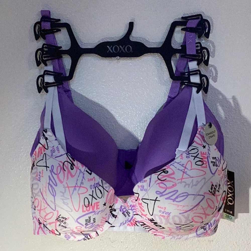 XOXO 2 Pack Bras 38D Purple Solid and White Graffiti Heart Print Standout Straps